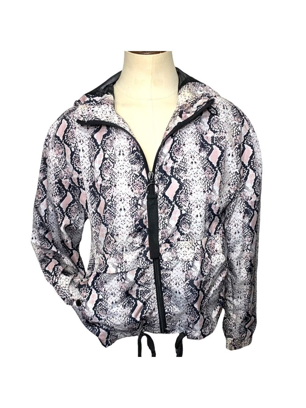 Me Jane Cropped Hooded Windbreaker Bomber Jacket Pink Black Snake Print Sz Small